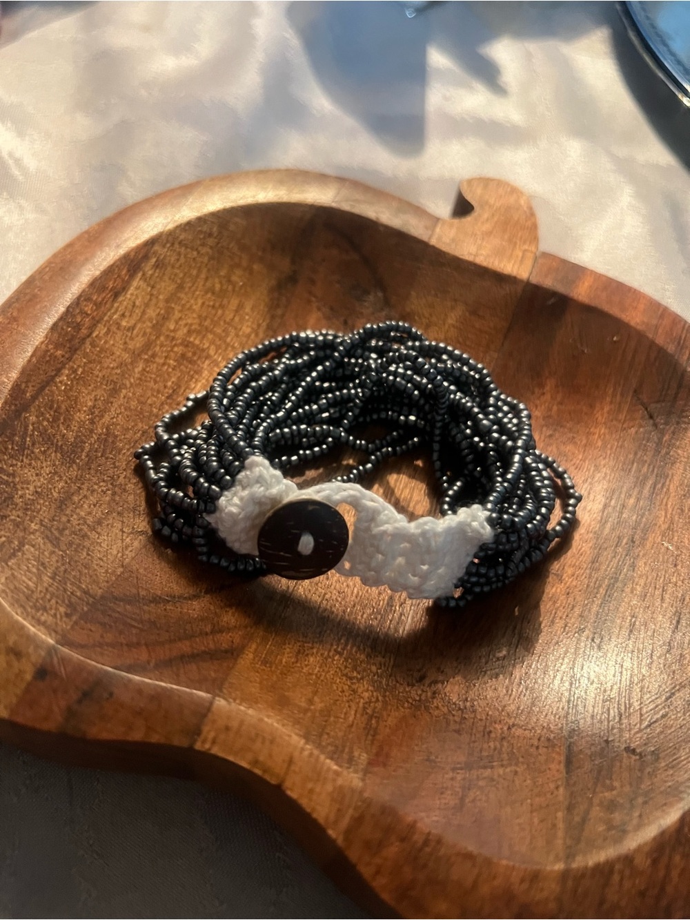 Black Beaded Multi-Strand Bracelet with White Crochet Accent